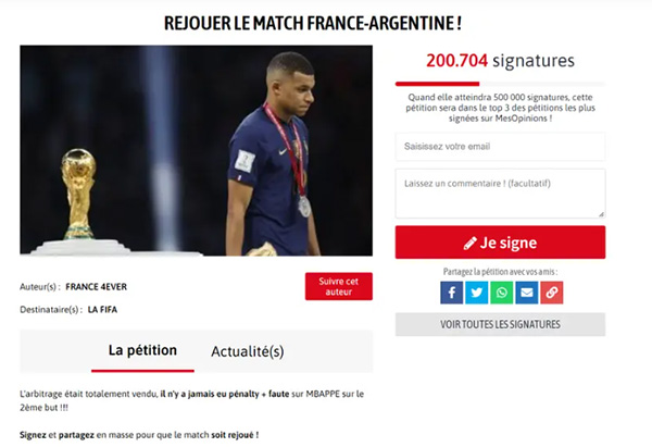 فرنسيون يوقعون عريضة لإعادة نهائي كأس العالم ، والأرجنتينيون يردون بعريضة للتوقف عن البكاء