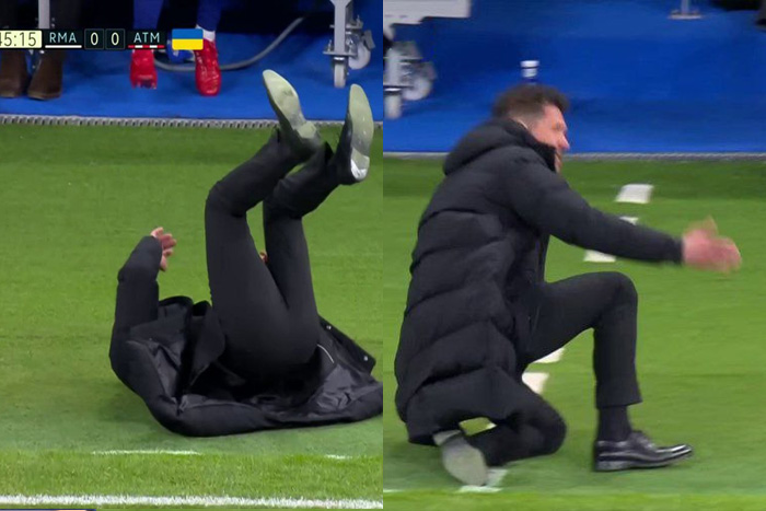 لقطة سيميوني الطريفة اليوم وسقوطه خلال مباراة ريال مدريد واتلتيكو